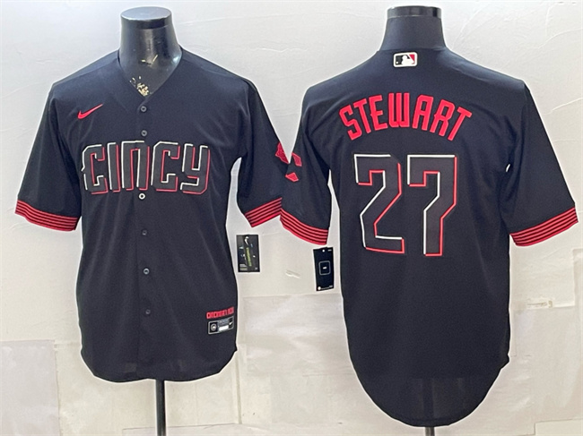 Men's Cincinnati Reds #27 Sal Stewart Black City Connect Cool Base Stitched Baseball Jersey Men's Cincinnati Reds #27 Sal Stewart Black City Connect Cool Base Stitched Baseball Jersey